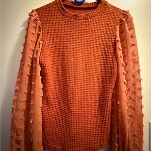 SHEIN Orange Textured Blouse with Sheer Sleeves